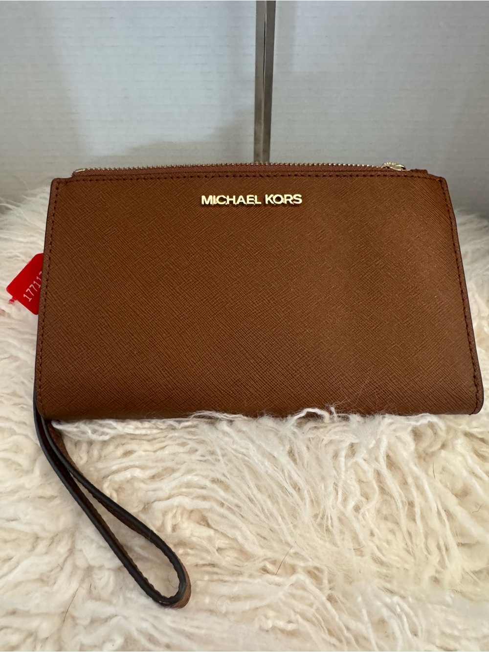 Michael Kors Brown Saffiano Leather Wristlet Wallet with Gold Logo, Large